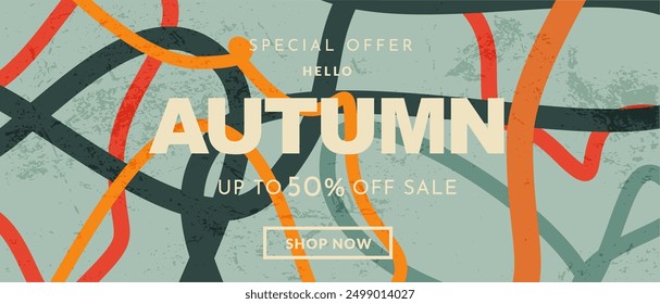 Autumn Sale Offer 50%. Abstract Art Patterns for Banners, Advertising, Posters, Ads, Web, Social Media, and Covers. Retro Graphic Line Background in Vector Illustration.