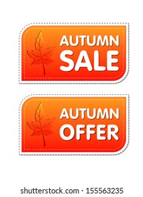 autumn sale and offer - orange labels with text and fall leaf, business concept, vector