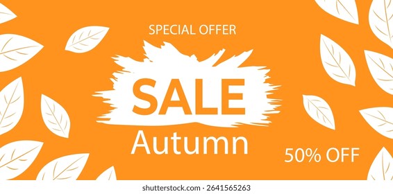 Autumn sale offers 50 percent off on select items for a limited time in a vibrant design on a orange background.
