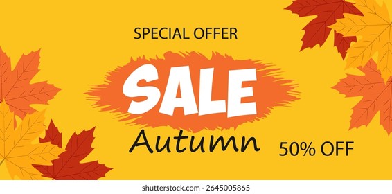 Autumn sale offers 50 percent off on select items for a limited time in a vibrant design with orange leaves.