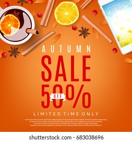 Autumn sale orange background. Vector illustration. Top view on composition with cup of mulled wine, rowan, cinnamon sticks and leafs.