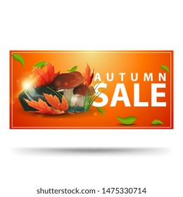 Autumn sale, orange discount banner with mushrooms and autumn leaves