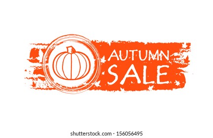 autumn sale - orange drawn banner with text, pumpkin and fall leaves, business concept, vector