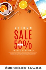 Autumn sale orange poster. Vector illustration. Top view on composition with cup of mulled wine, rowan, cinnamon sticks and leafs.