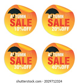 Autumn sale orange stickers set with umbrella. Autumn sale 10%, 20%, 30%, 40% off. Vector illustration