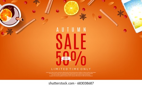 Autumn sale orange web banner. Vector illustration. Top view on composition with cup of mulled wine, rowan, cinnamon sticks and leafs.