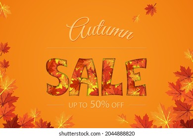 Autumn sale orange yellow banner with leaves and discount up to 50%. Vector illustration, flat, papercut