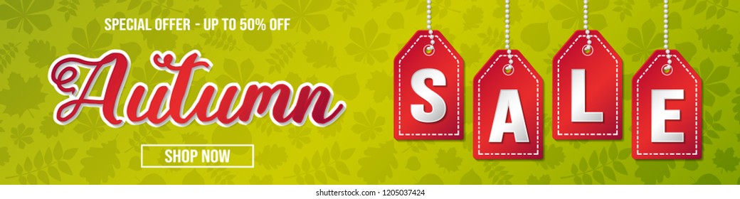 Autumn Sale - panoramic header with leaves pattern. Vector.