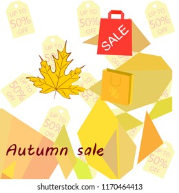 autumn sale paper package fallen leaves vector background