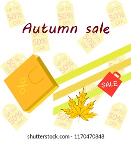autumn sale paper package fallen leaves vector background