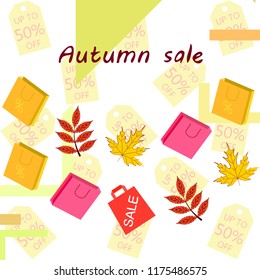autumn sale paper package fallen leaves vector background