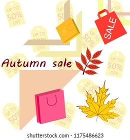 autumn sale paper package fallen leaves vector background