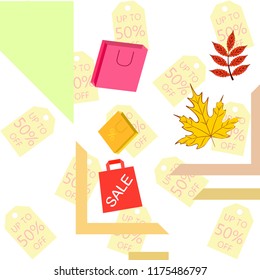 autumn sale paper package fallen leaves vector background