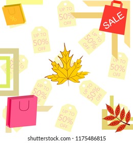 autumn sale paper package fallen leaves vector background