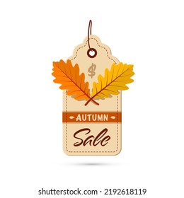 Autumn sale paper tag with oak leaves isolated on white background