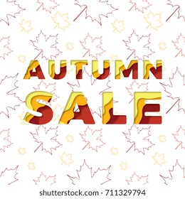 autumn sale papercut type lettering color font text for holiday celebration greeting card or sale banner design on autumn leaf pattern background