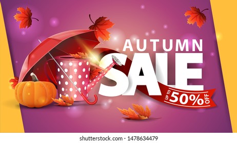 Autumn sale, pink web banner with garden watering can, umbrella and ripe pumpkin