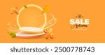 Autumn sale podium with falling leaves and discount tags. Fall sale advertising banner. Thanksgiving or seasonal marketing materials. Vector illustration on orange background.