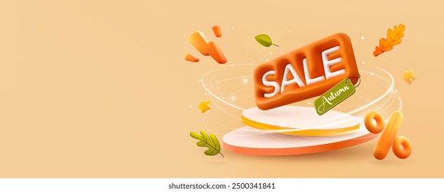 Autumn sale podium with falling leaves and discount tags. Fall sale advertising banner. Thanksgiving or seasonal marketing materials. Vector illustration. 3D design.