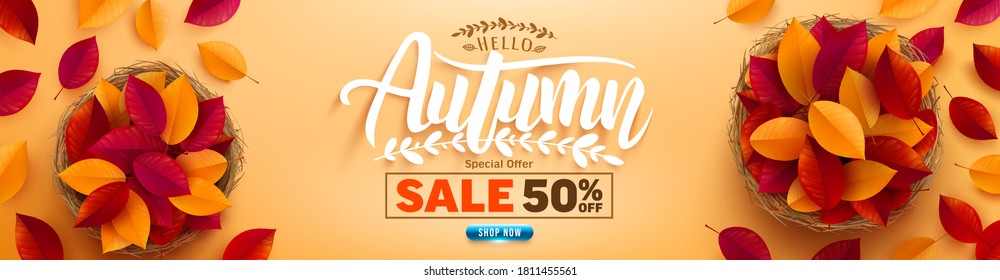 Autumn Sale poster or banner with autumn colorful leaves on yellow background.Greetings and presents for Autumn season.Vector illustration eps 10