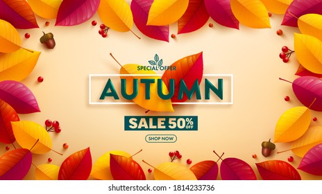 Autumn Sale poster or banner with autumn colorful leaves on yellow background.Greetings and presents for Autumn season.Vector illustration eps 10