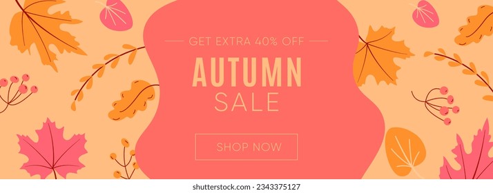 Autumn Sale poster or banner with autumn colorful leaves on pink background. Greetings and presents for Autumn season. Vector illustration