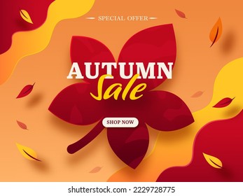 Autumn Sale Poster Or Banner Design With Leaves Decorated On Orange And Red Background.