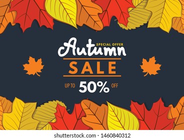 Autumn Sale poster, banner or label template with autumn leaves. Vector illustration