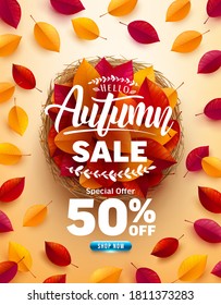 Autumn Sale poster and banner template.Top view of Basket with autumn colorful leaves on yellow background.Greetings and presents for Autumn season.Promotion template for Autumn or fall concept