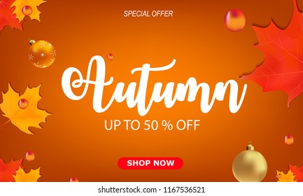 Autumn sale poster with beautiful golden leaves. Promotion, marketing or advertising template for shop. Vector background.