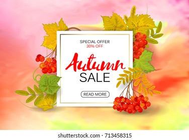 Autumn sale poster with bright colorful leaves, sheet of white paper with lettering. Vector illustration on bright blurred background