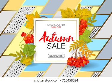 Autumn sale poster with bright colorful leaves, sheet of white paper with lettering. Vector illustration