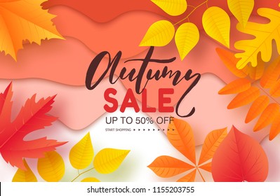 Autumn sale poster with colorful leaves . Vector illustration for banners, posters, email and newsletter designs, ads, coupons, promotional material.