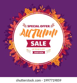 Autumn Sale poster with Colorful Leaves.Fall sale discount poster template, vector file included.