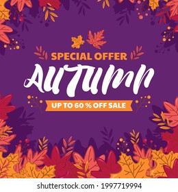 Autumn Sale poster with Colorful Leaves.Fall sale discount poster template, vector file included.