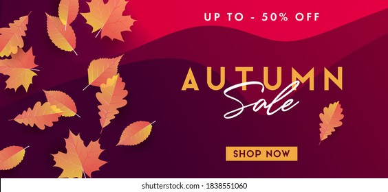 Autumn sale poster or cover with orange falling leaves on dark red background with waves, copy for discount with percent, typography composition