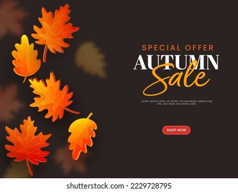Autumn Sale Poster Design With 3D Autumnal Leaves On Brown Background.