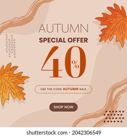 Autumn Sale Poster Design With 40% Discount Offer And Maple Leaves On Brown Background.