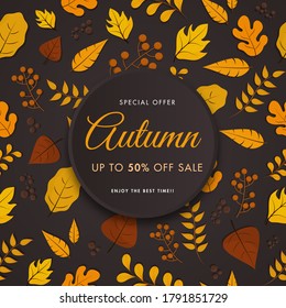 Autumn Sale Poster Design with 50% Discount Offer, Berry Branches and Various Leaves Decorated on Dark Brown Background.