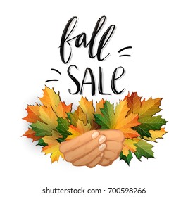 Autumn SALE poster design. Fall discount promotion with maple leaves in hands and hand lettering. Bright editable Vector Illustration.