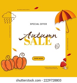 Autumn Sale Poster Design With Flat Pumpkins, Toadstool, Umbrella On White And Yellow Background.