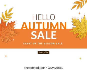 Autumn Sale Poster Design With Leaves And Orange Stripe On White Background.