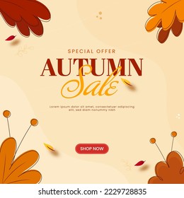 Autumn Sale Poster Design With Leaves Against Pastel Peach Background For Advertising.