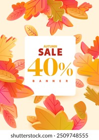 Autumn sale poster design with season leaves. White frame with text and autumn foliage.