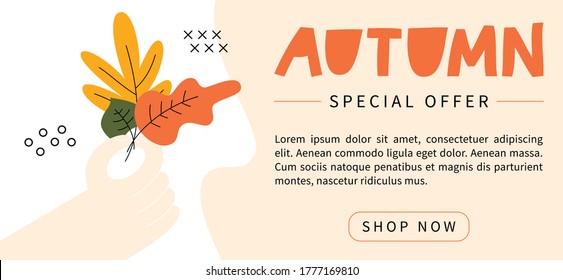 Autumn Sale, poster design template, special offer. Fall discount banner with hand holding bouquet of leaves. Vector illustration