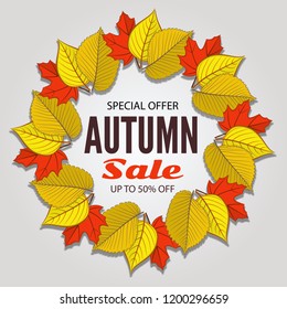 Autumn sale poster of discount promo web banner with fall leaves. Vector illustration.