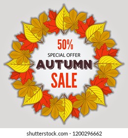 Autumn sale poster of discount promo web banner with fall leaves. Vector illustration.