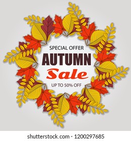 Autumn sale poster of discount promo web banner with fall leaves. Vector illustration.