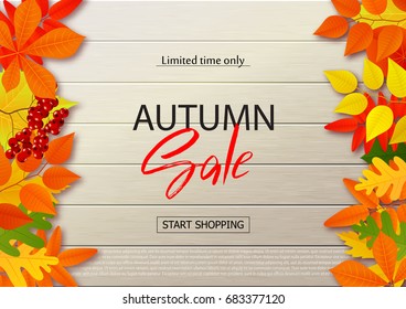 Autumn sale poster with fall leaves on wooden backgrounds. Vector illustration for website and mobile website banners, posters, email and newsletter designs, ads, coupons, promotional material.