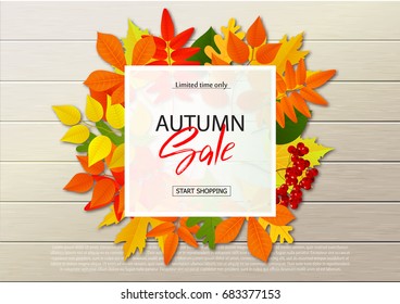 Autumn sale poster with fall leaves on wooden backgrounds. Vector illustration for website and mobile website banners, posters, email and newsletter designs, ads, coupons, promotional material.